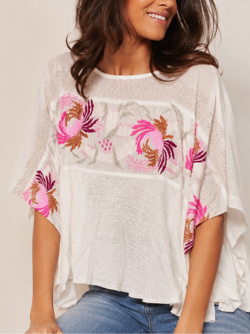 Free People Women’s Medium Love Letter White Pink Floral T Shirt Top Blouse